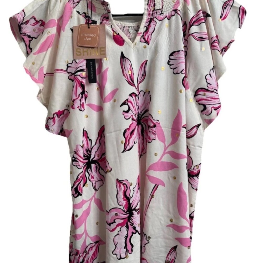 SHINE Smocked Floral Blouse NWT Size S Boho Cottagecore White Pink Viscose